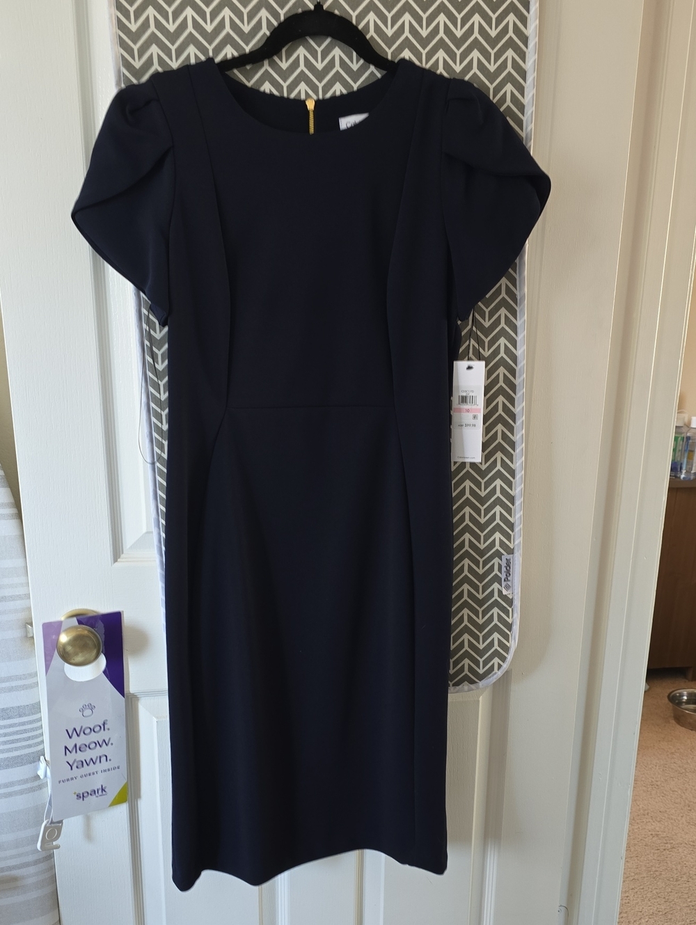 Calvin Klein Navy Puff-Sleeve Midi Sheath Dress